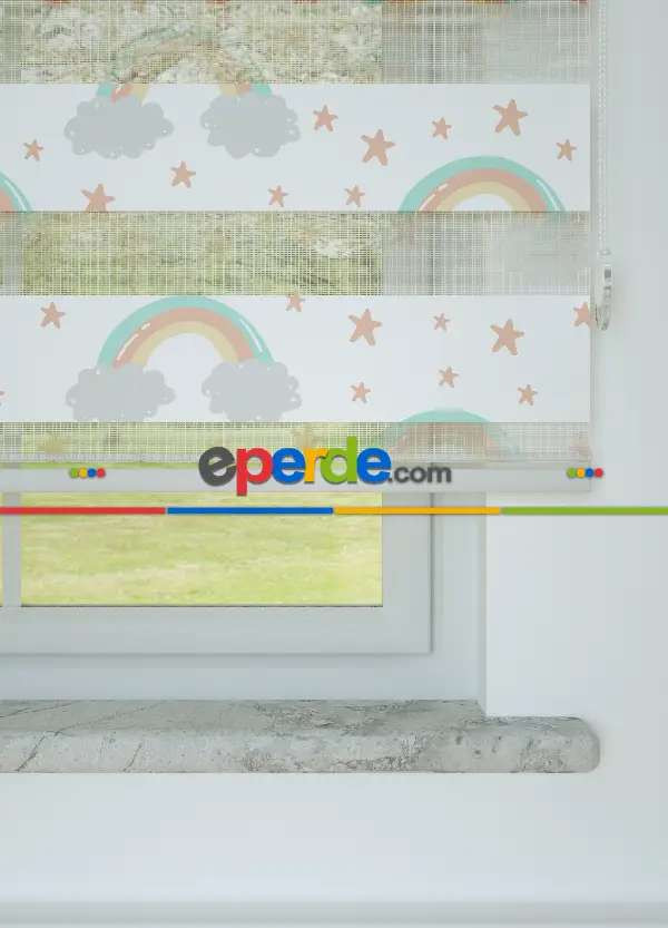 Bebek Odası - Somon Mint Gökkuşağı Ve Yıldız Desenli Baskılı Zebra Perde