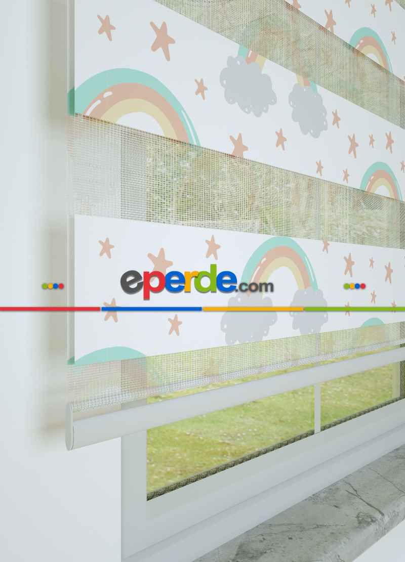 Çocuk Odası - Açık Gri Somon Gökkuşağı Ve Bulut Desenli Baskılı Zebra Perde