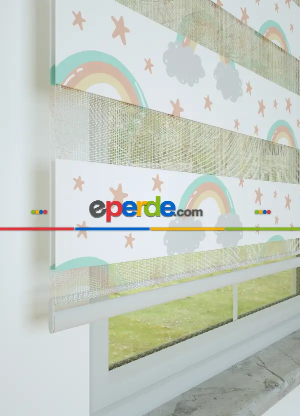 Bebek Odası - Somon Mint Gökkuşağı Ve Yıldız Desenli Baskılı Zebra Perde