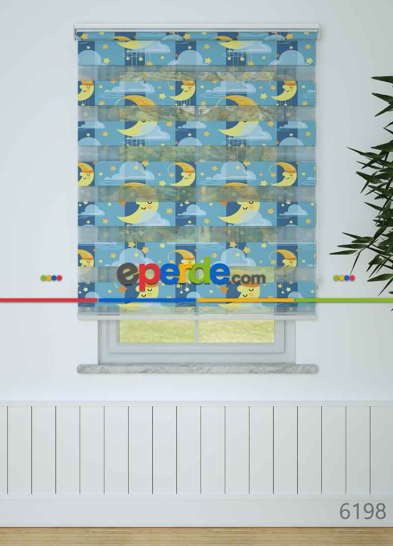 Mavi Sarı Ay Ve Bulut Desenli Baskılı Zebra Perde