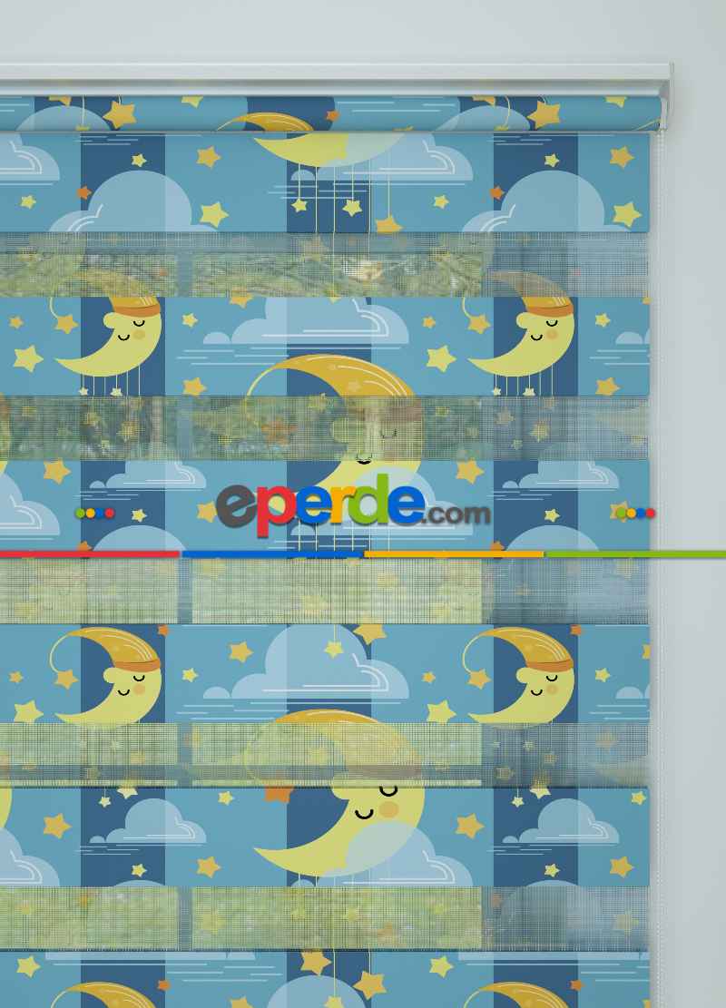Mavi Sarı Ay Ve Bulut Desenli Baskılı Zebra Perde