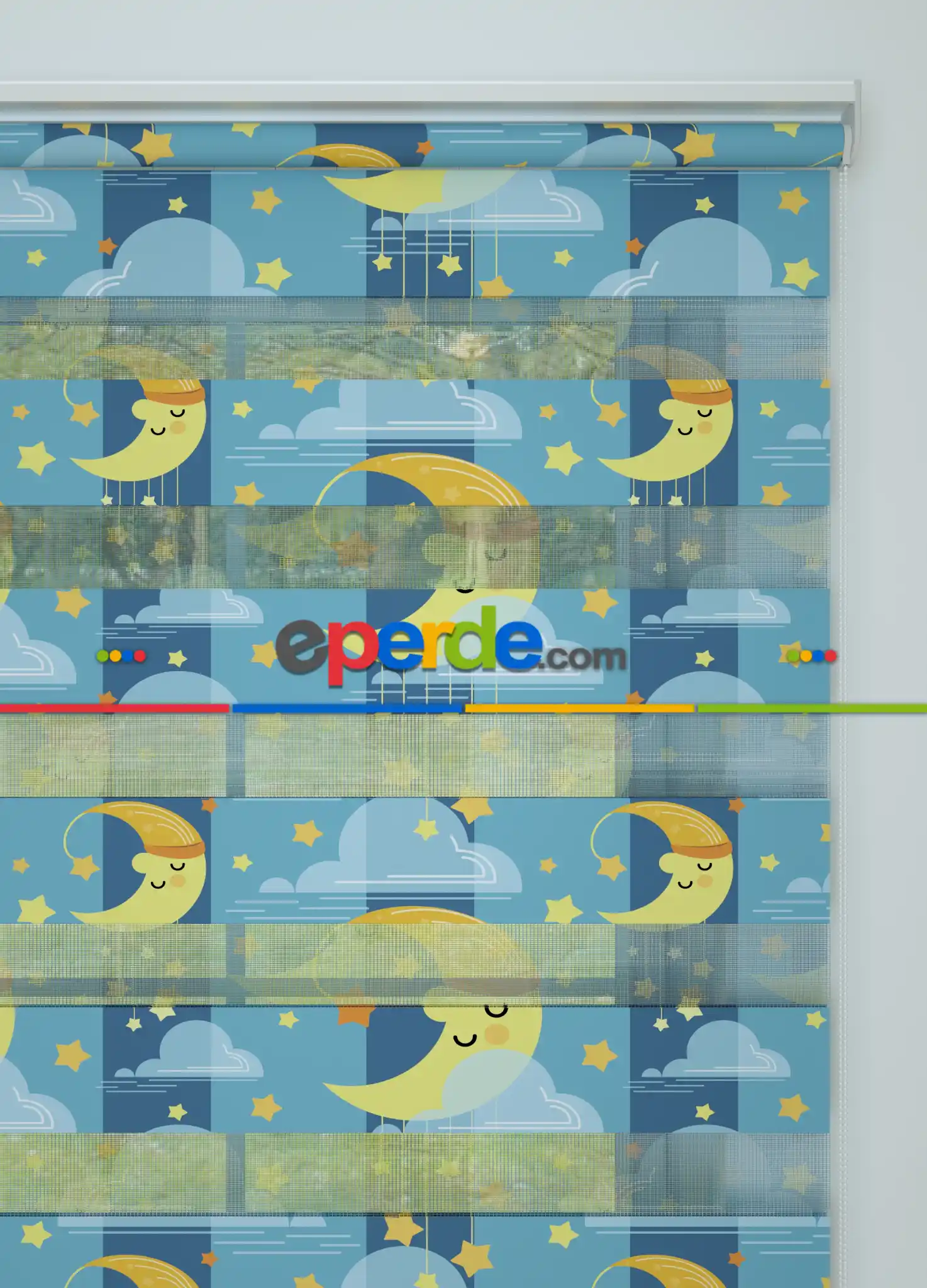 Mavi Sarı Bulut Ve Ay Desenli Baskılı Zebra Perde