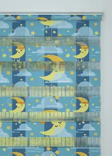 Mavi Sarı Bulut Ve Ay Desenli Baskılı Zebra Perde