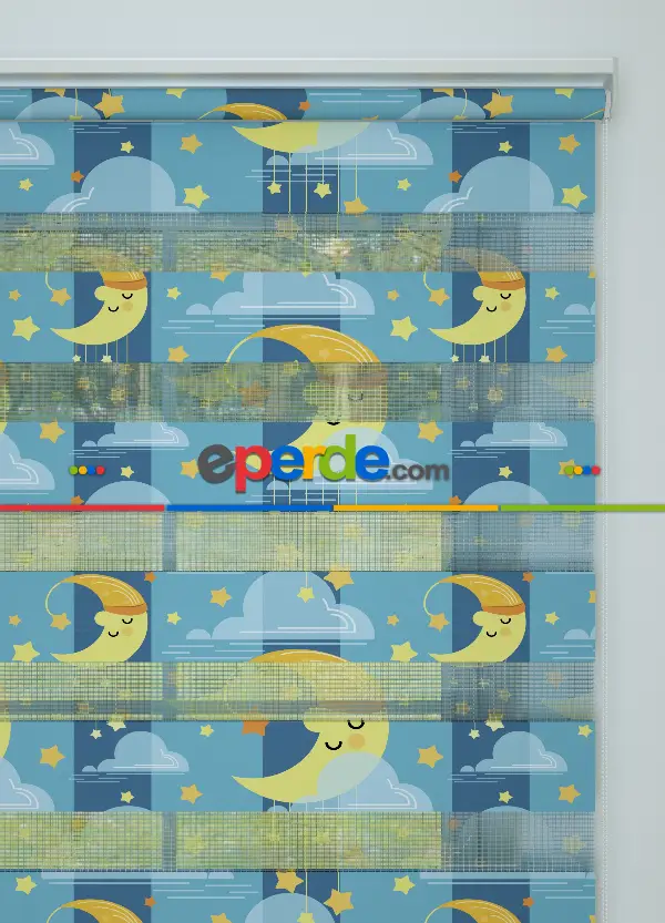 Mavi Sarı Ay Ve Bulut Desenli Baskılı Zebra Perde