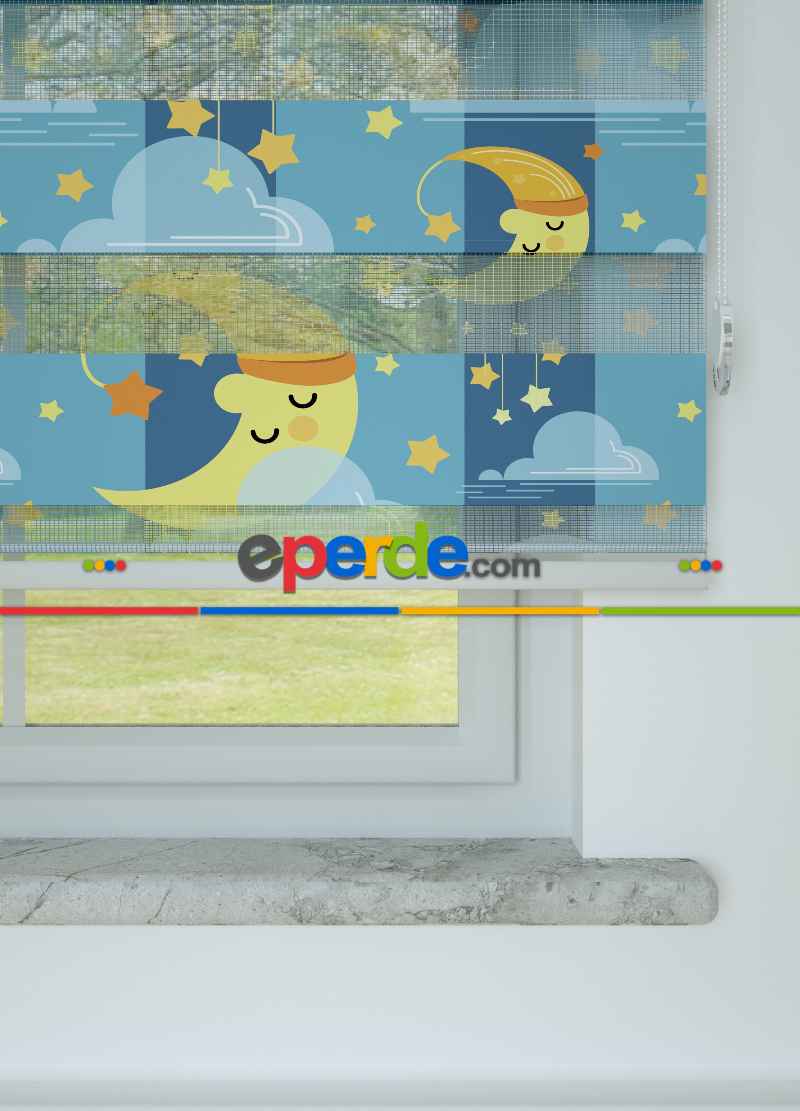 Mavi Sarı Ay Ve Bulut Desenli Baskılı Zebra Perde