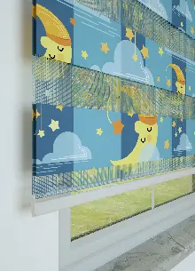 Mavi Sarı Ay Ve Bulut Desenli Baskılı Zebra Perde