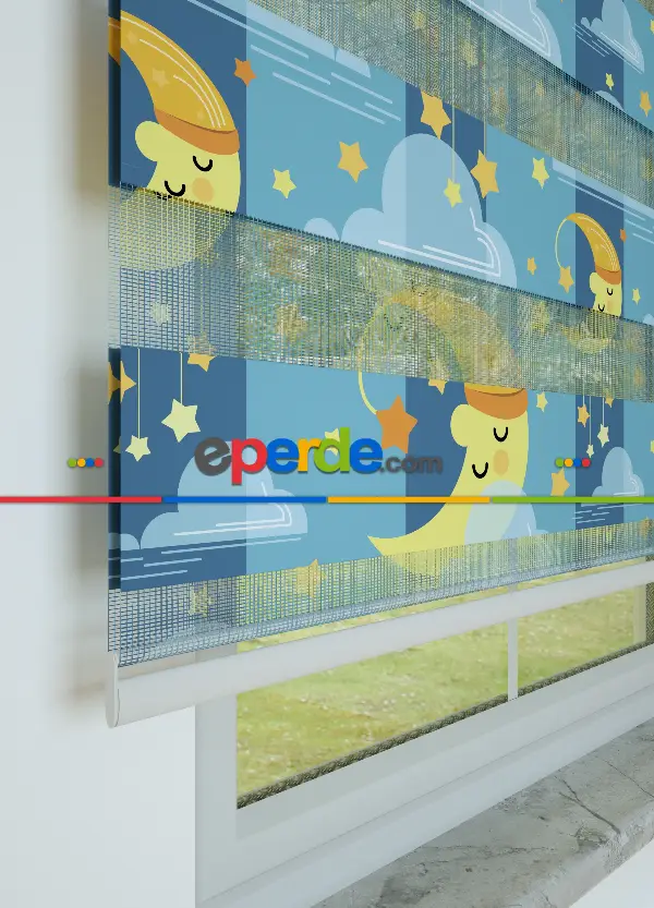 Mavi Sarı Ay Ve Bulut Desenli Baskılı Zebra Perde