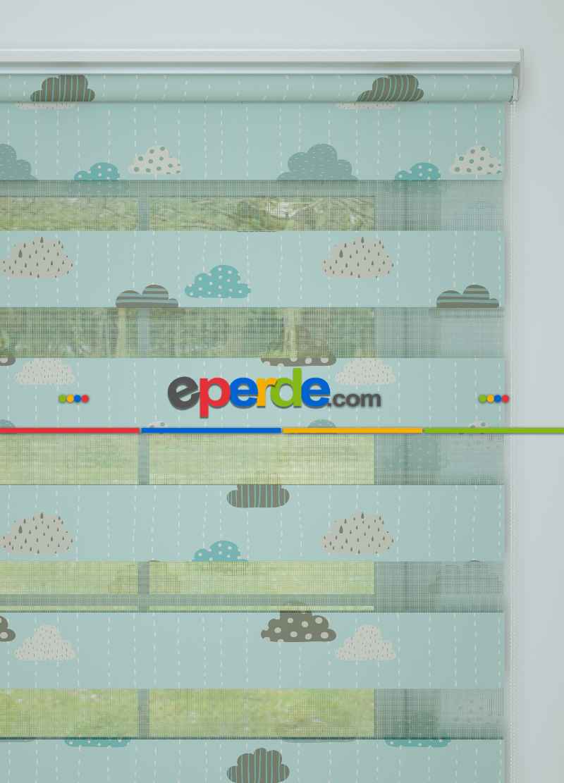 Bebek Odası - Mint Bulut Desenli Baskılı Zebra Perde