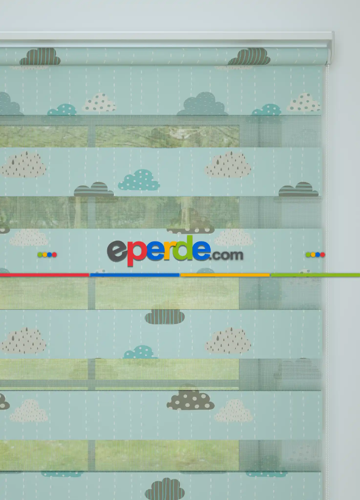 Bebek Odası - Mint Bulut Desenli Baskılı Zebra Perde