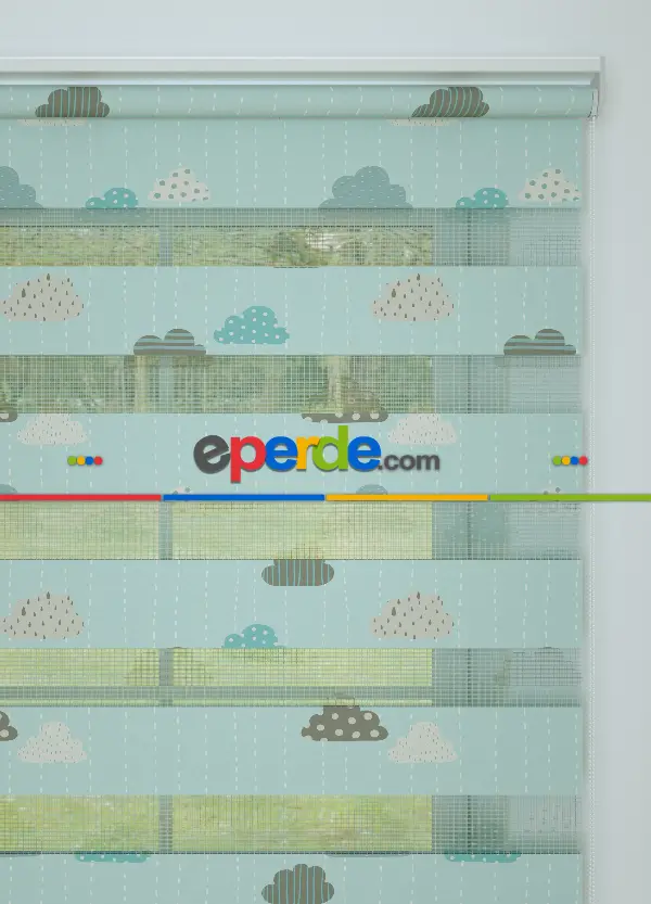 Bebek Odası - Mint Bulut Desenli Baskılı Zebra Perde