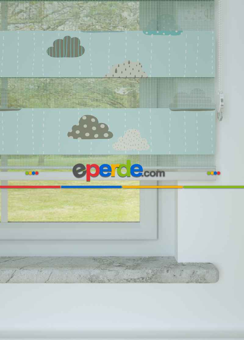 Bebek Odası - Mint Bulut Desenli Baskılı Zebra Perde