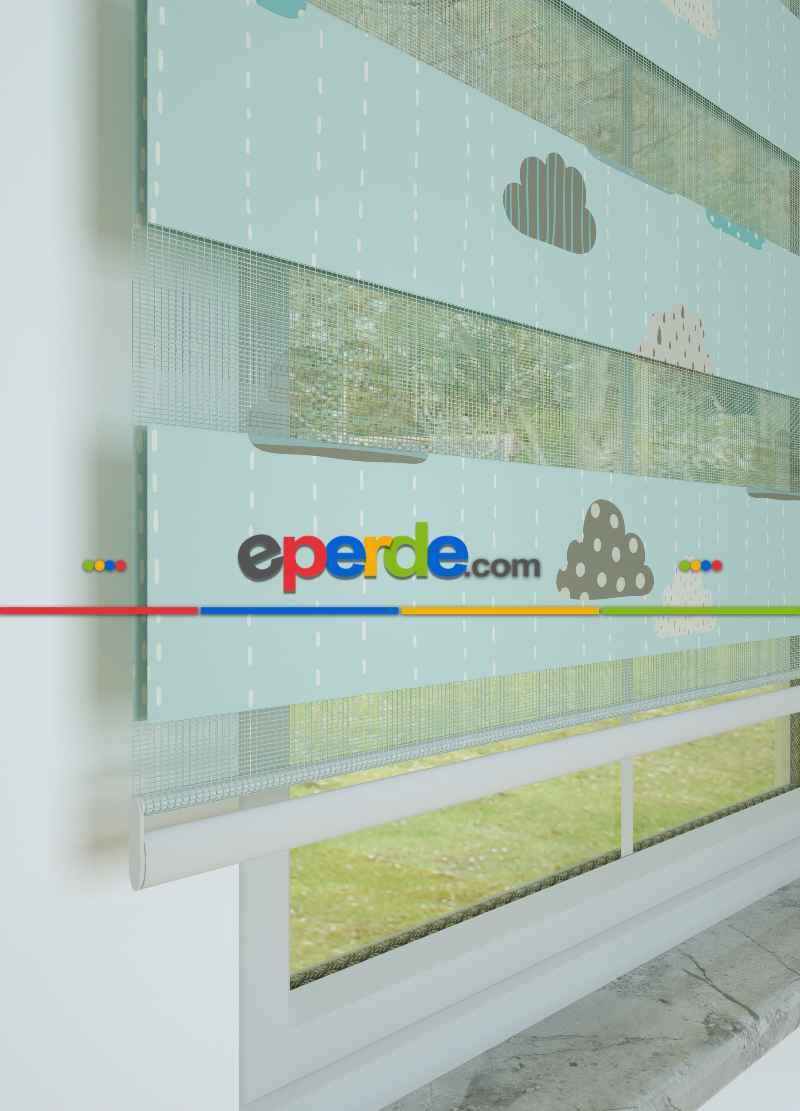 Bebek Odası - Mint Bulut Desenli Baskılı Zebra Perde