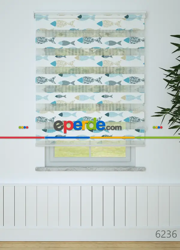 Bebek Odası - Mavi Balık Desenli Baskılı Zebra Perde