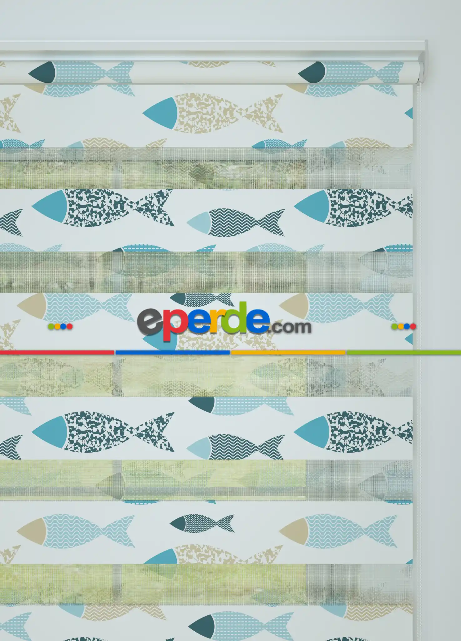 Bebek Odası - Mavi Balık Desenli Baskılı Zebra Perde