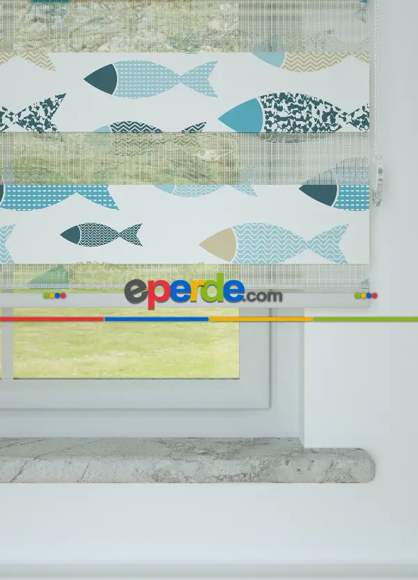 Bebek Odası - Mavi Balık Desenli Baskılı Zebra Perde