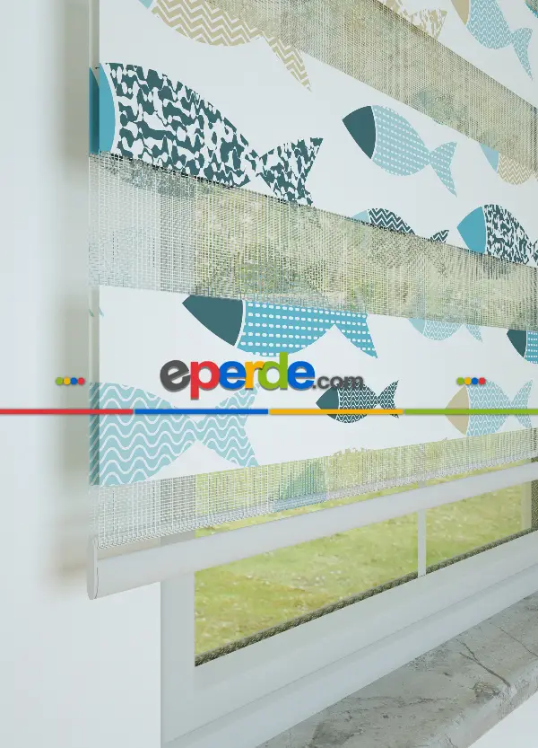 Bebek Odası - Mavi Balık Desenli Baskılı Zebra Perde