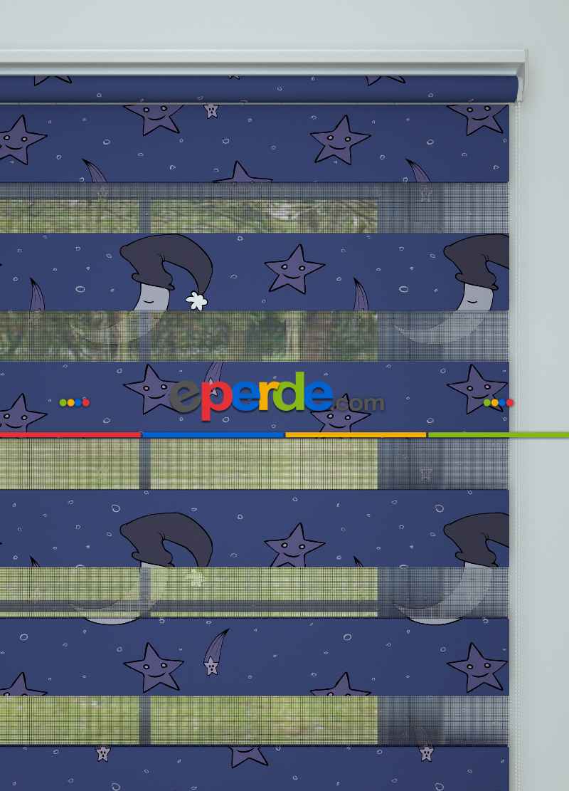 Çocuk Odası - Morumsu Lacivert Ay Ve Yıldız Desenli Baskılı Zebra Perde