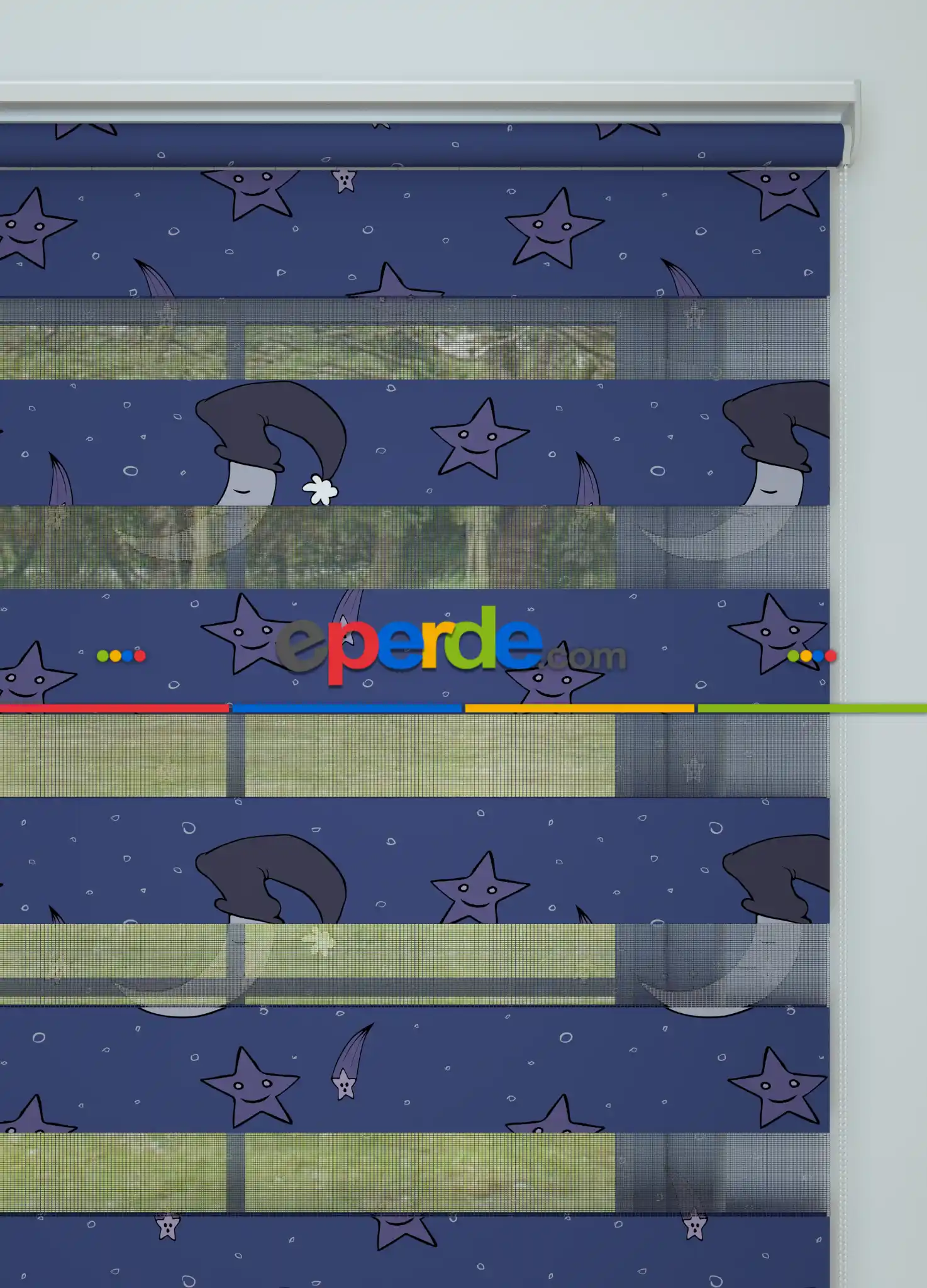 Morumsu Lacivert Ay Ve Yıldız Desenli Baskılı Zebra Perde