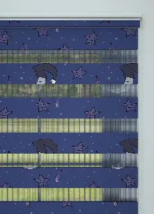 Morumsu Lacivert Ay Ve Yıldız Desenli Baskılı Zebra Perde