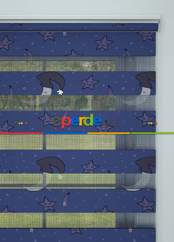 Morumsu Lacivert Ay Ve Yıldız Desenli Baskılı Zebra Perde