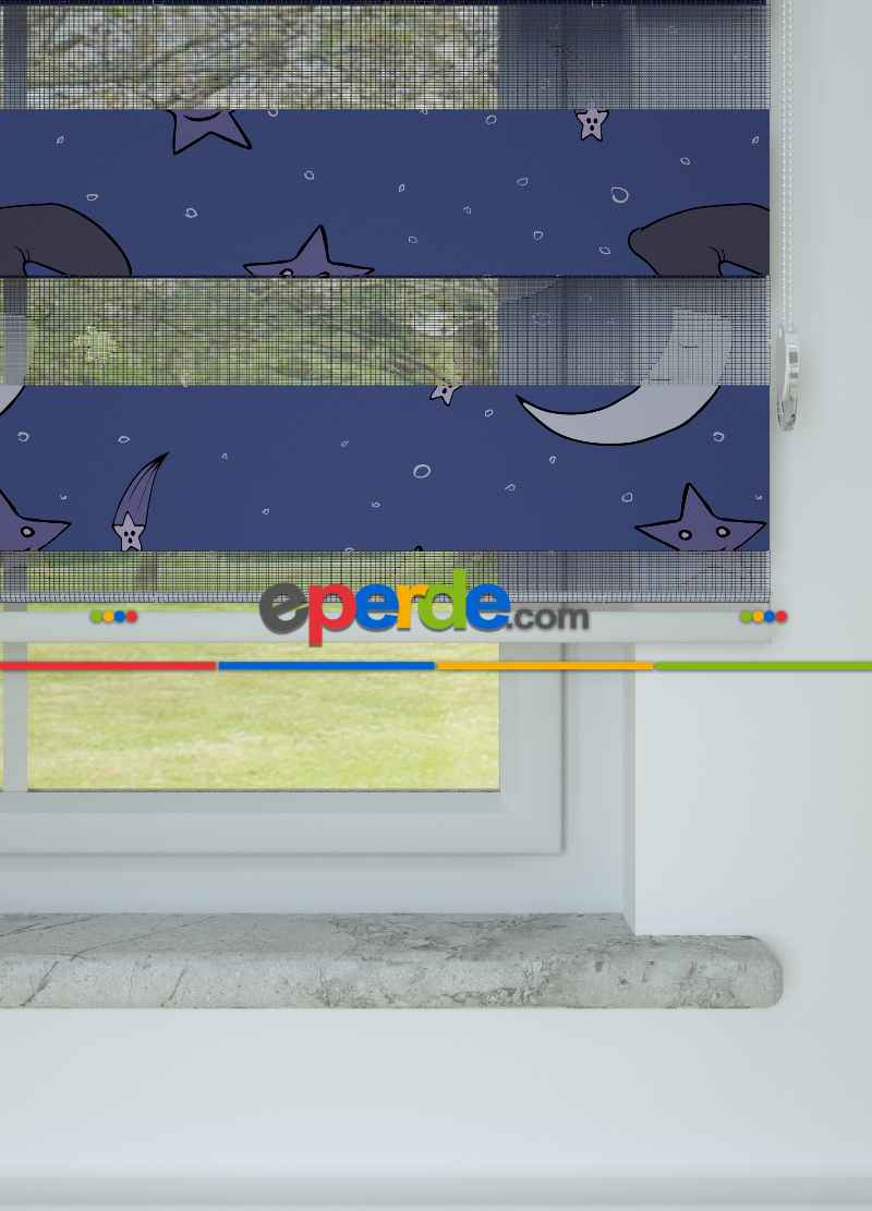 Çocuk Odası - Morumsu Lacivert Ay Ve Yıldız Desenli Baskılı Zebra Perde