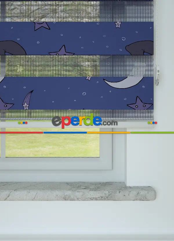 Morumsu Lacivert Ay Ve Yıldız Desenli Baskılı Zebra Perde