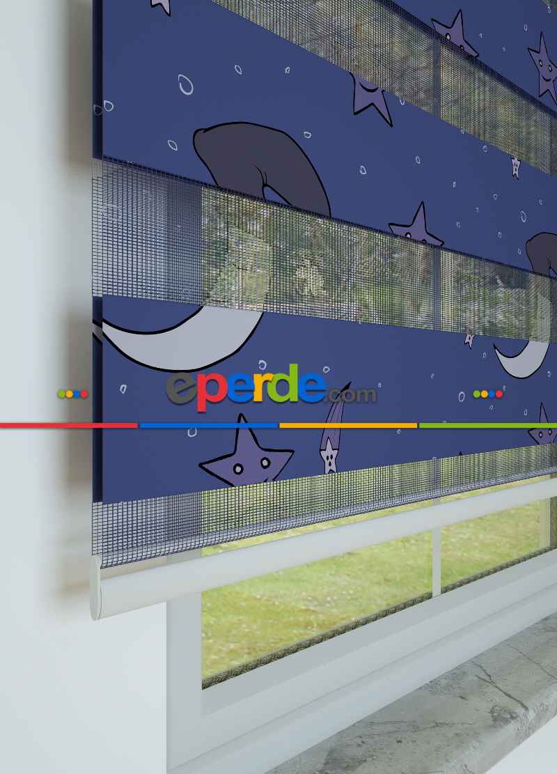 Çocuk Odası - Morumsu Lacivert Ay Ve Yıldız Desenli Baskılı Zebra Perde