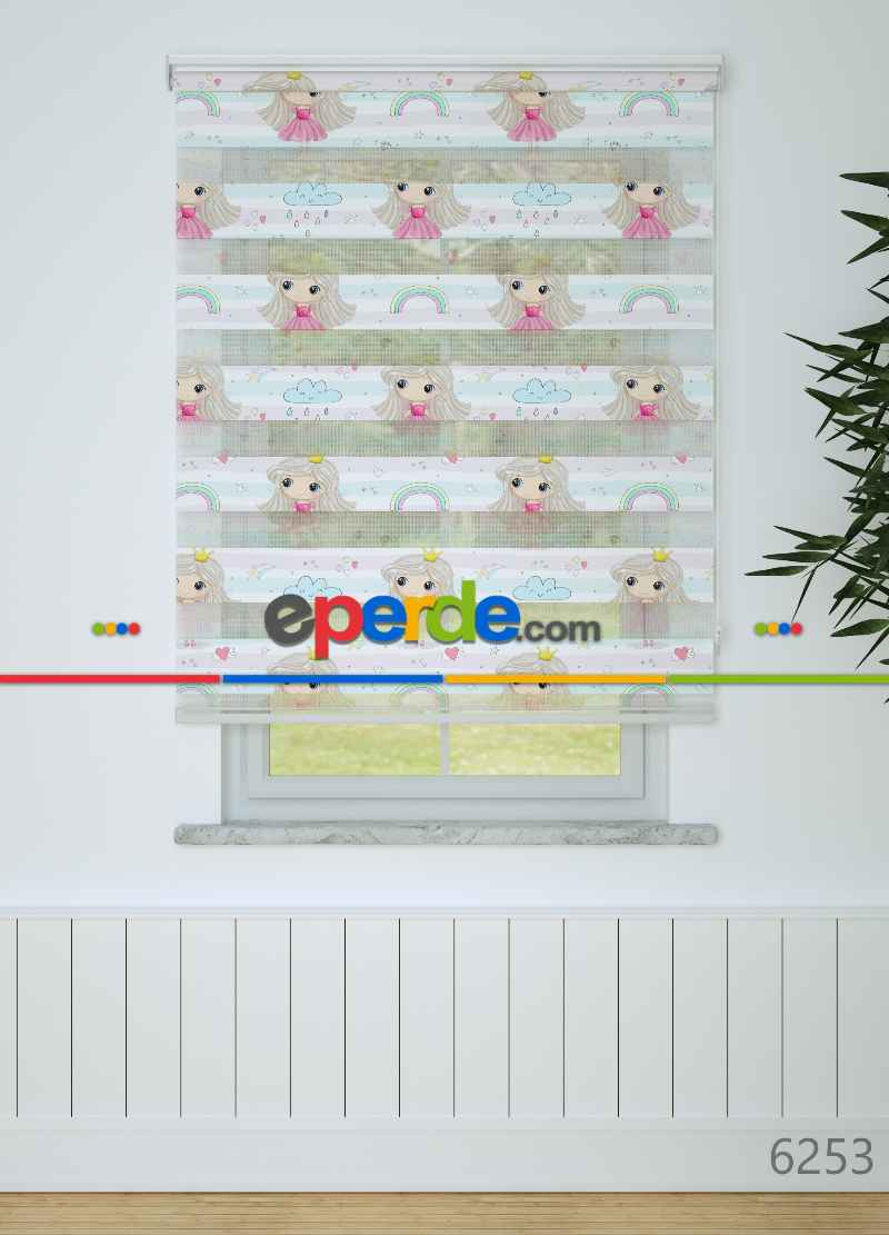 Çocuk Odası - Mavi Pembe Kız Çocuk Desenli Baskılı Zebra Perde