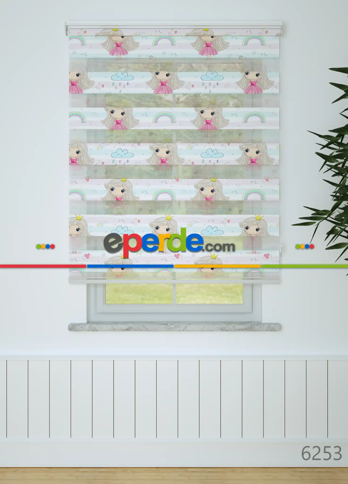 Çocuk Odası - Mavi Pembe Kız Çocuk Desenli Baskılı Zebra Perde