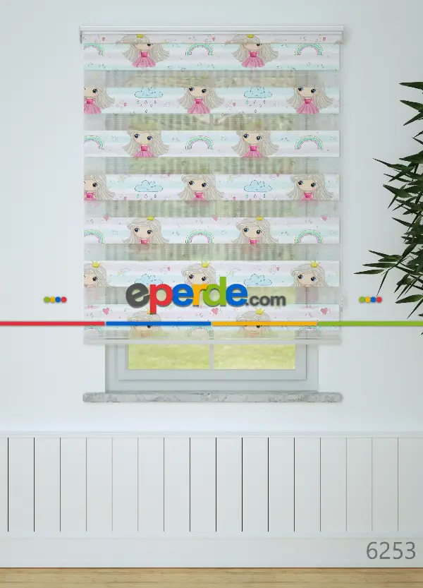 Pembe Mint Kız Çocuk Desenli Baskılı Zebra Perde