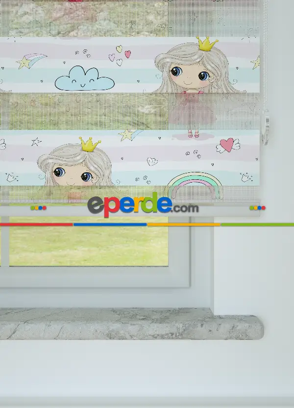 Pembe Mint Kız Çocuk Desenli Baskılı Zebra Perde