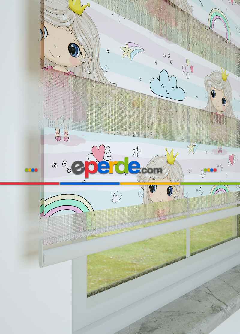 Çocuk Odası - Mavi Pembe Kız Çocuk Desenli Baskılı Zebra Perde