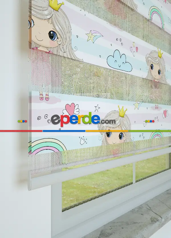 Pembe Mint Kız Çocuk Desenli Baskılı Zebra Perde