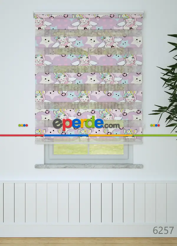Çocuk Odası - Lila Pembe Unicorn Desenli Baskılı Zebra Perde