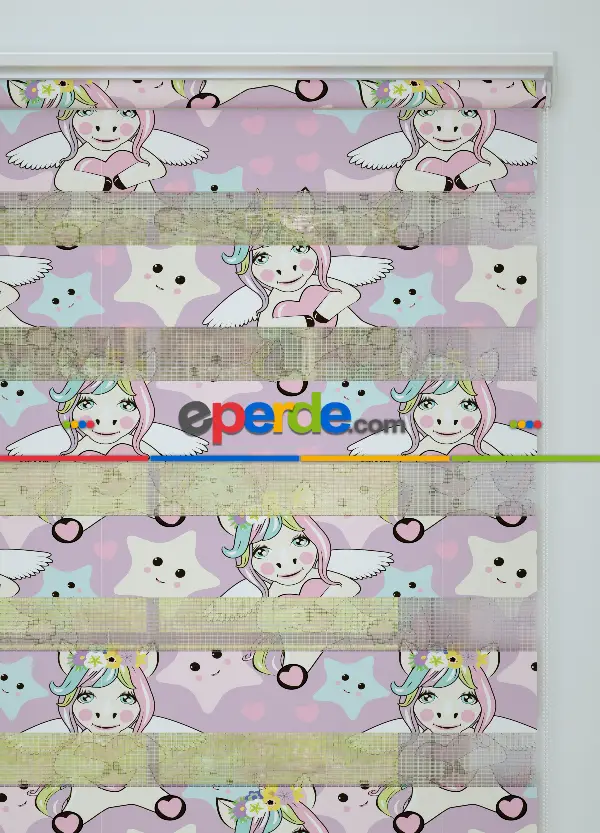 Çocuk Odası - Lila Pembe Unicorn Desenli Baskılı Zebra Perde
