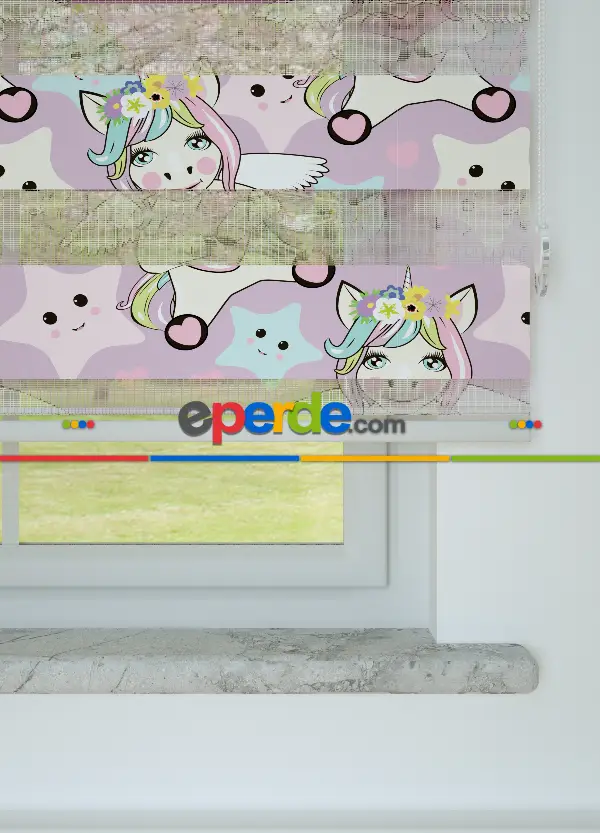 Çocuk Odası - Lila Pembe Unicorn Desenli Baskılı Zebra Perde
