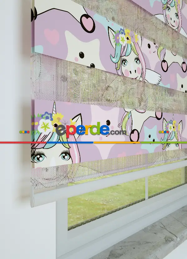 Çocuk Odası - Lila Pembe Unicorn Desenli Baskılı Zebra Perde
