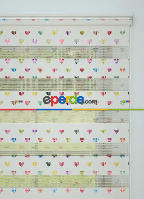 Sarı Mor Minik Kalp Desenli Baskılı Zebra Perde