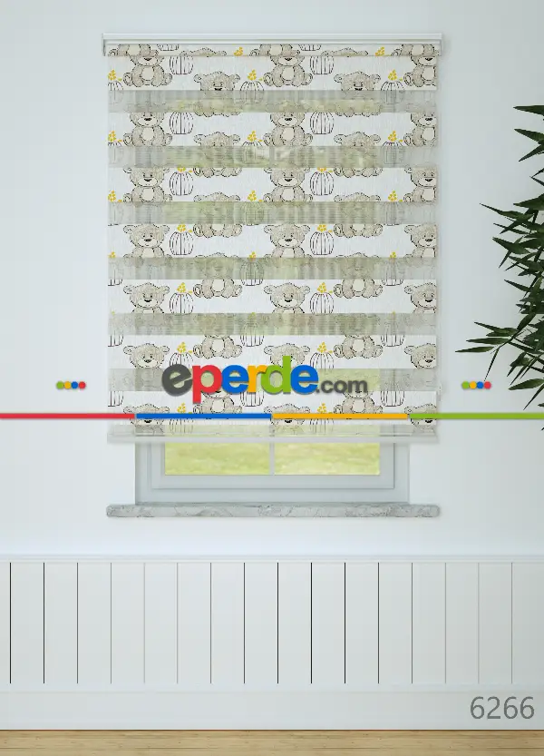 Sarı Açık Kahverengi Ayıcık Desenli Baskılı Zebra Perde