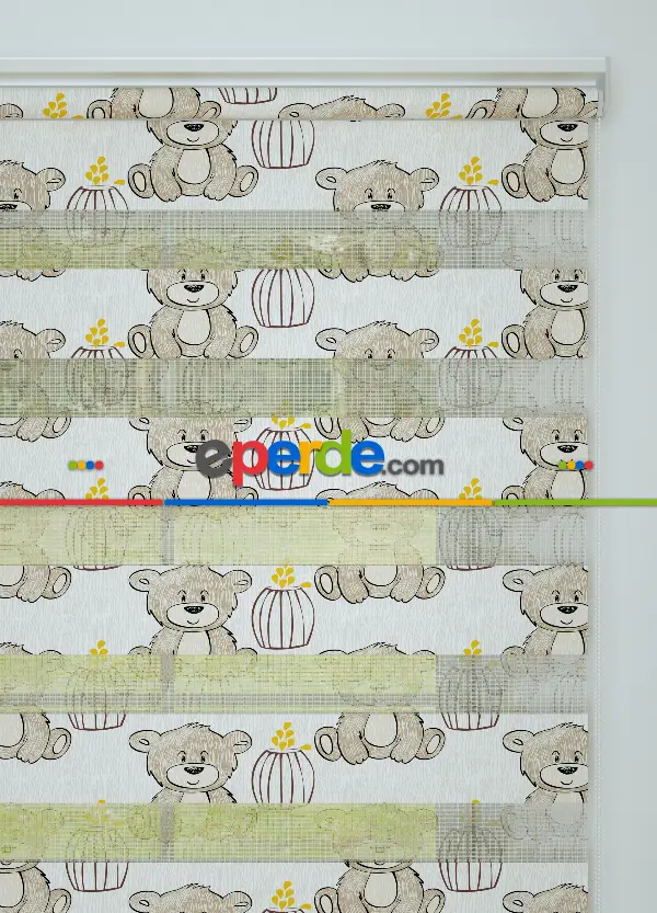 Sarı Açık Kahverengi Ayıcık Desenli Baskılı Zebra Perde