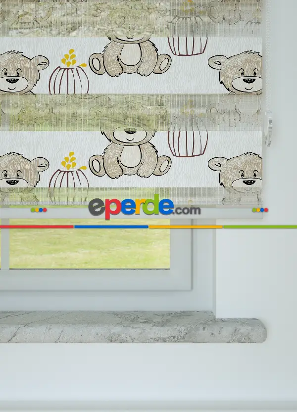 Sarı Açık Kahverengi Ayıcık Desenli Baskılı Zebra Perde