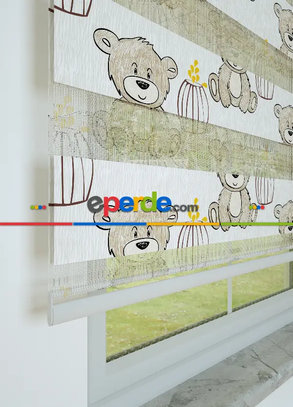 Sarı Açık Kahverengi Ayıcık Desenli Baskılı Zebra Perde