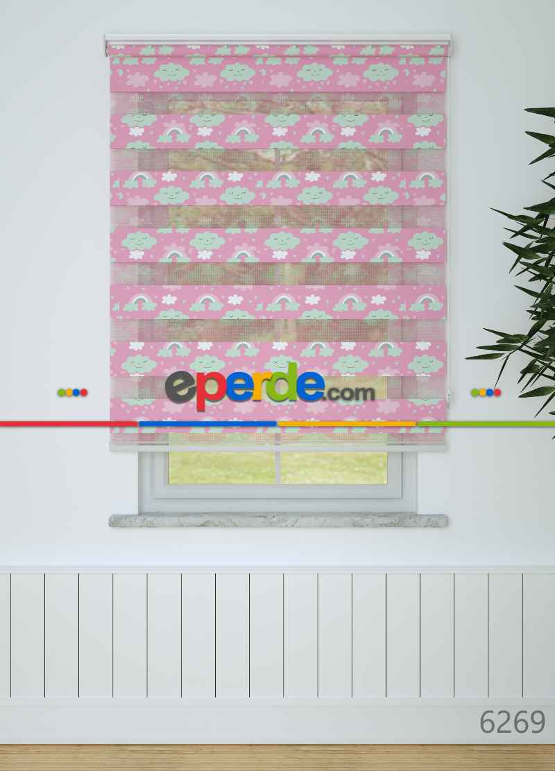 Bebek Odası - Pembe Yeşil Bulut Ve Gökkuşağı Desenli Baskılı Zebra Perde
