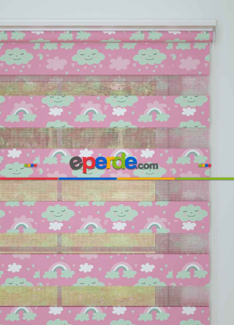 Bebek Odası - Pembe Yeşil Bulut Ve Gökkuşağı Desenli Baskılı Zebra Perde