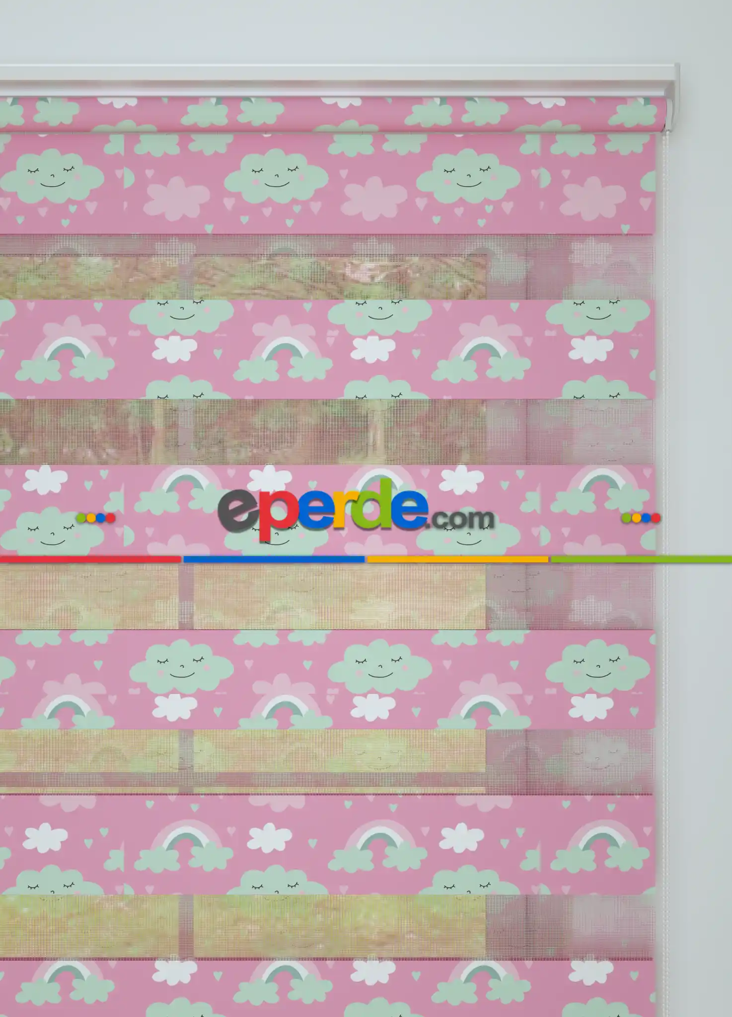 Bebek Odası - Pembe Yeşil Bulut Ve Gökkuşağı Desenli Baskılı Zebra Perde