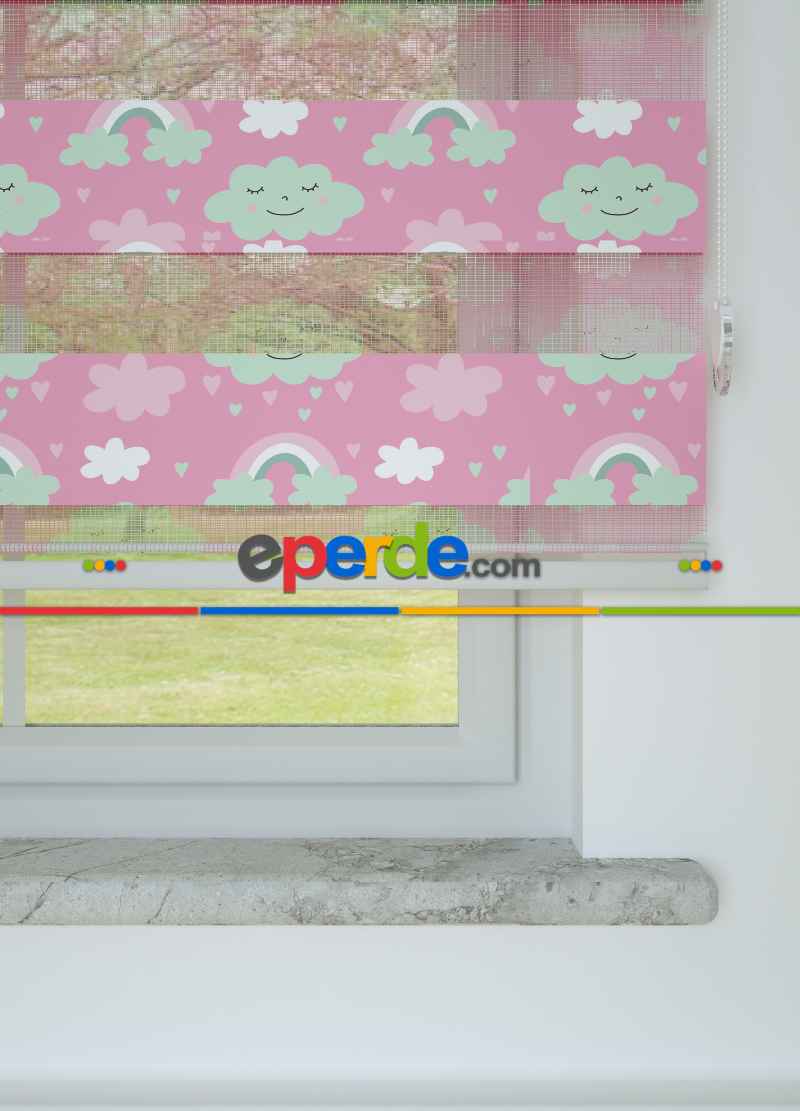 Bebek Odası - Pembe Yeşil Bulut Ve Gökkuşağı Desenli Baskılı Zebra Perde