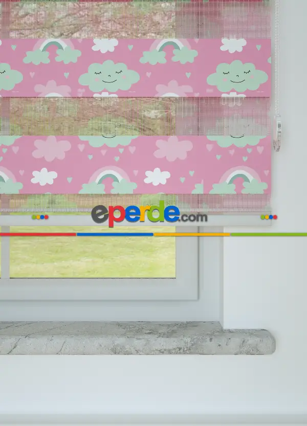 Bebek Odası - Pembe Yeşil Bulut Ve Gökkuşağı Desenli Baskılı Zebra Perde