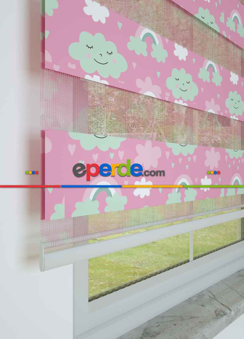 Bebek Odası - Pembe Yeşil Bulut Ve Gökkuşağı Desenli Baskılı Zebra Perde