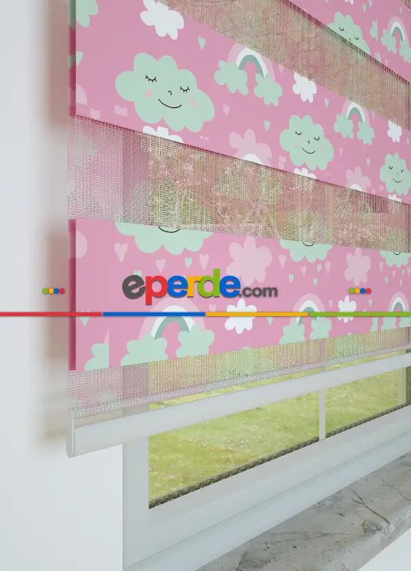 Bebek Odası - Pembe Yeşil Bulut Ve Gökkuşağı Desenli Baskılı Zebra Perde