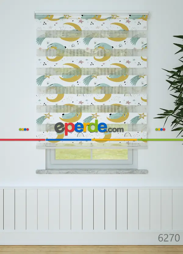 Çocuk Odası - Soğuk Yeşil Tavşan Ve Kayan Yıldız Desenli Baskılı Zebra Perde